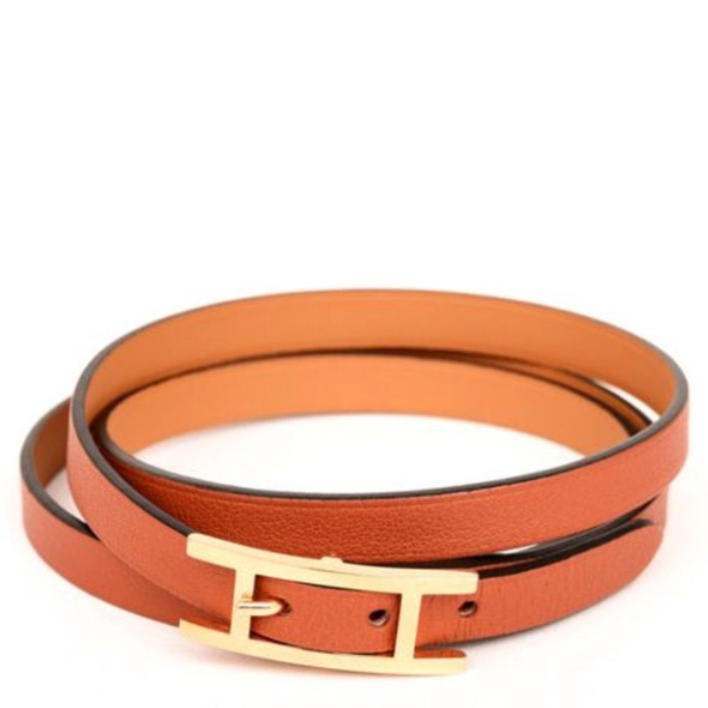 Hermes Orange Leather Bracelet with Gold Buckle